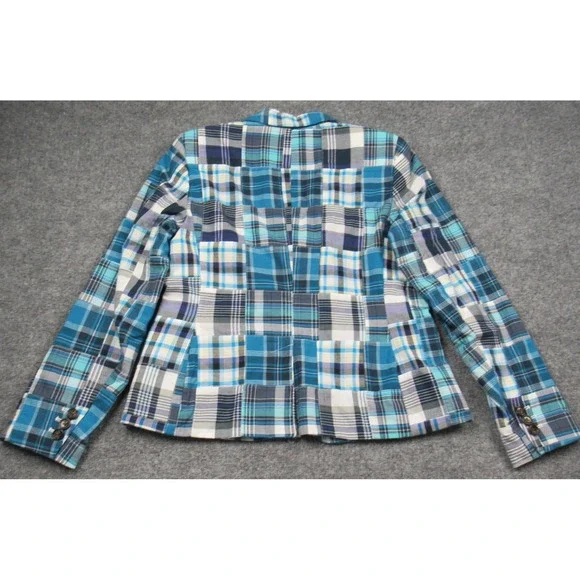Talbots Blazer Womens 10 Blue Patchwork‎ Madras Plaid Cotton Two Button Lined - Picture 2 of 16